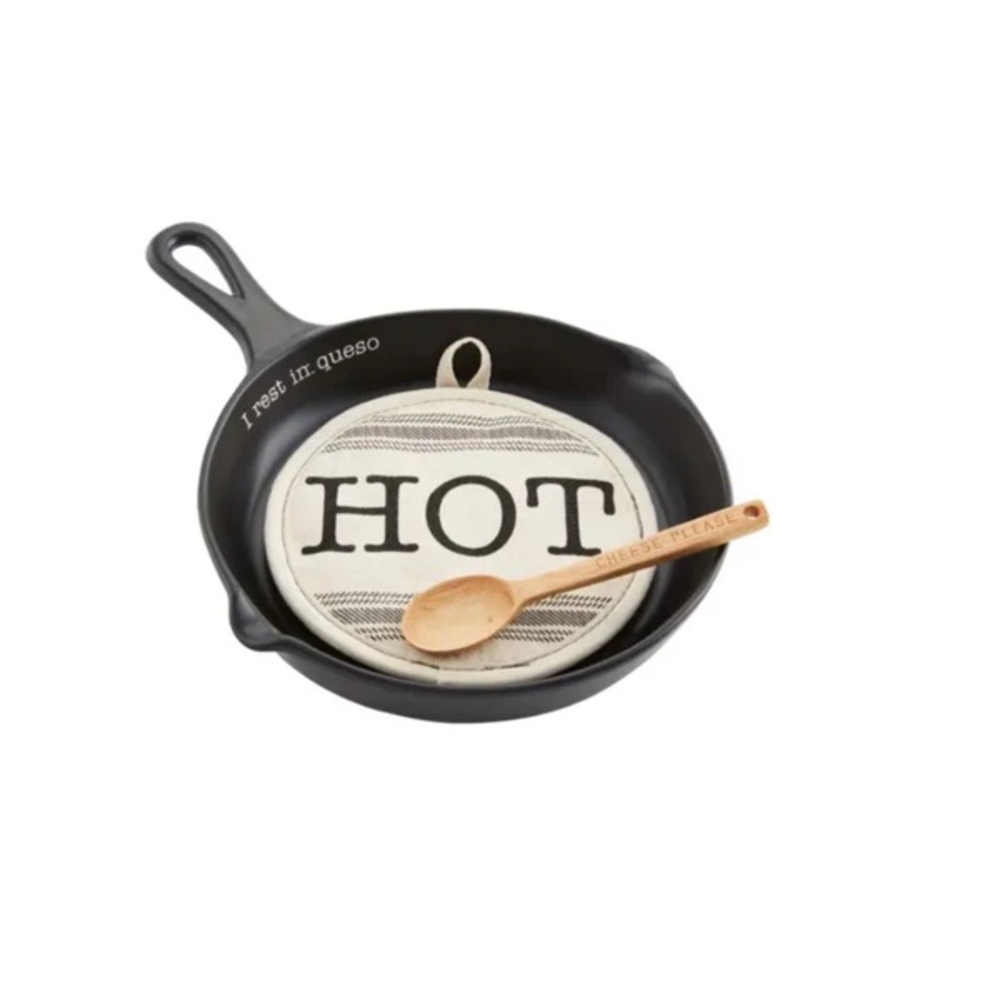 Black Cast Iron Skillet with HOT Pot Holder and Wooden Spoon by Mud Pie